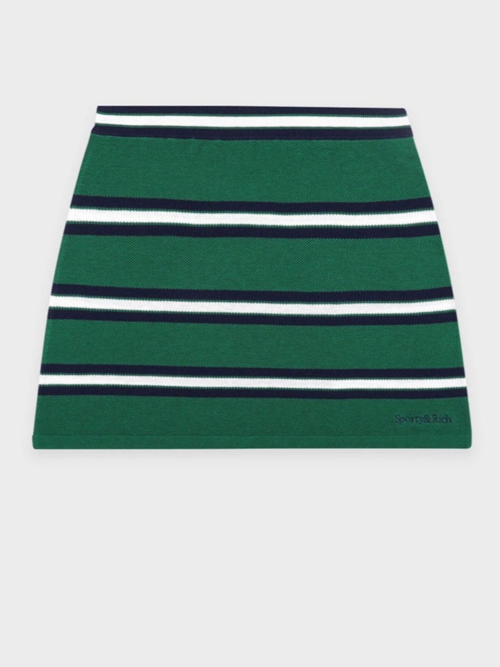 Sporty & Rich Serif Logo Silk Pique Aline Skirt - Alpine/White/Navy NWT Sz M